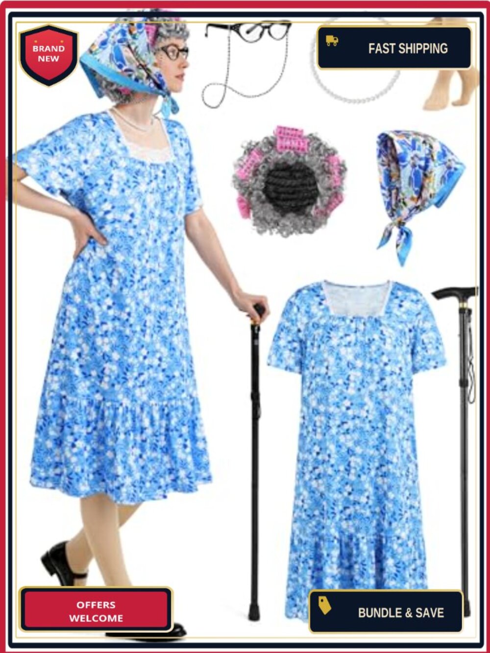 7-Piece Women's Old Lady Costume Set Dress Wig Glasses Stockings Cane Halloween